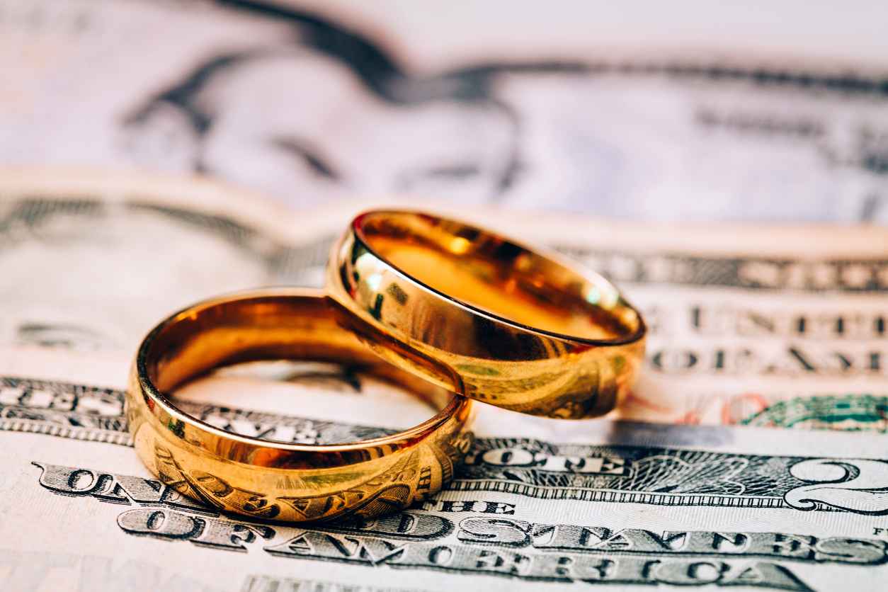 The cost of marriage; wedding rings sitting on dollar bills